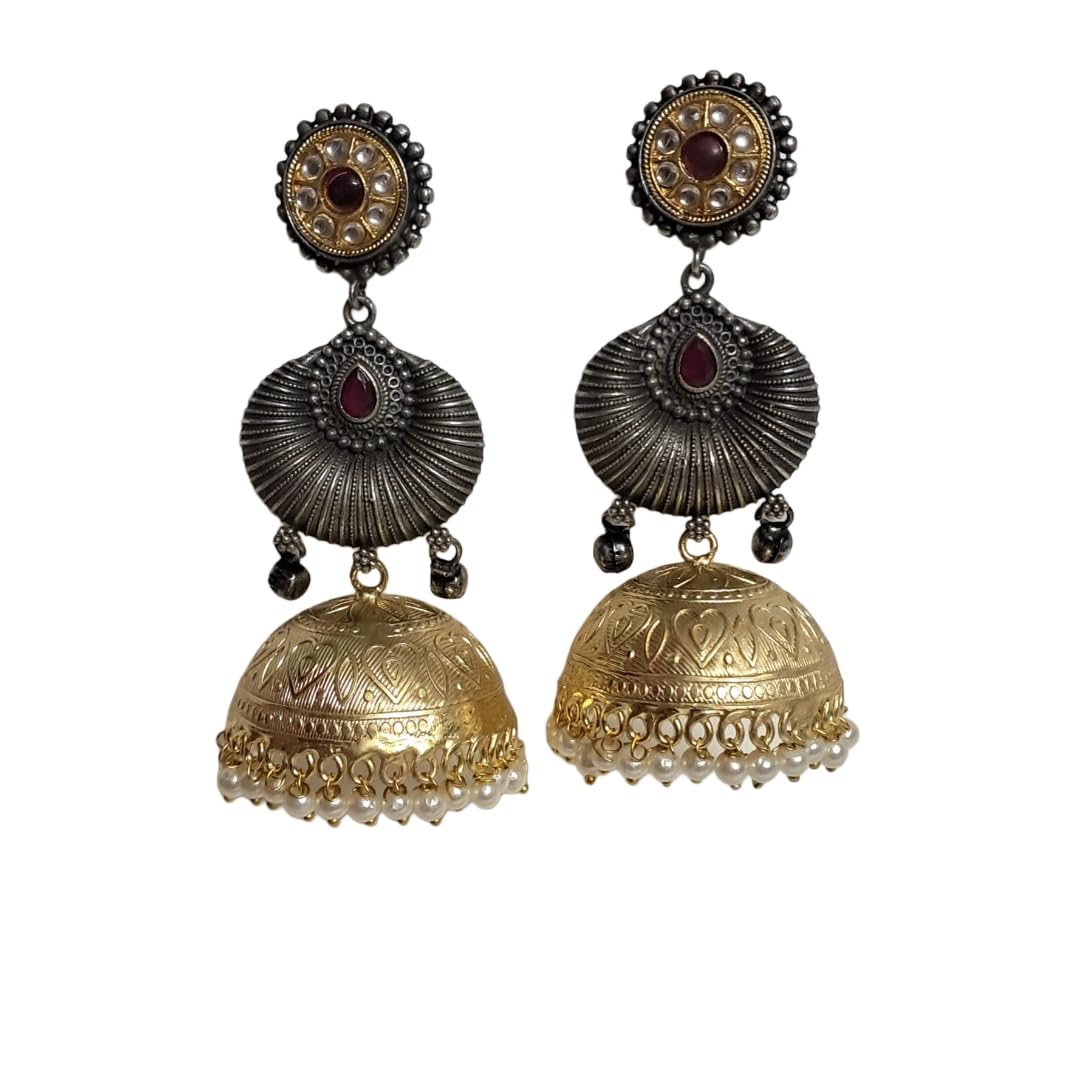 Anvaya Collections Traditional Oxidized Brass Jhumka Earrings with Kundan and Pearl Detailing by Anvaya Collections for Women