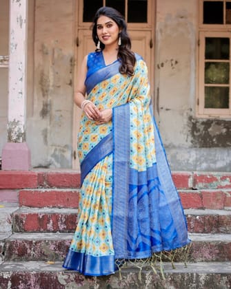 Yellow and Blue Ikat Digital Print Banarasi Silk Saree with Zari Weave and Tassel-Embellished Pallu-Regular