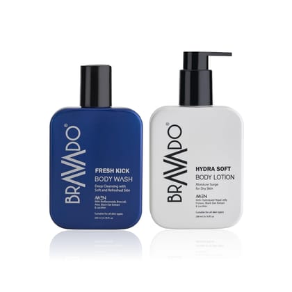 BRAVADO Refreshing Body Care Set, Fresh Kick Body Wash and Hydra Soft Body Lotion | Deep Cleaning, Moisturizing, Anti-Ageing, Sun Protection, Shower Gel, Facewash, Hair Wash-Pack of 2 | 400ml