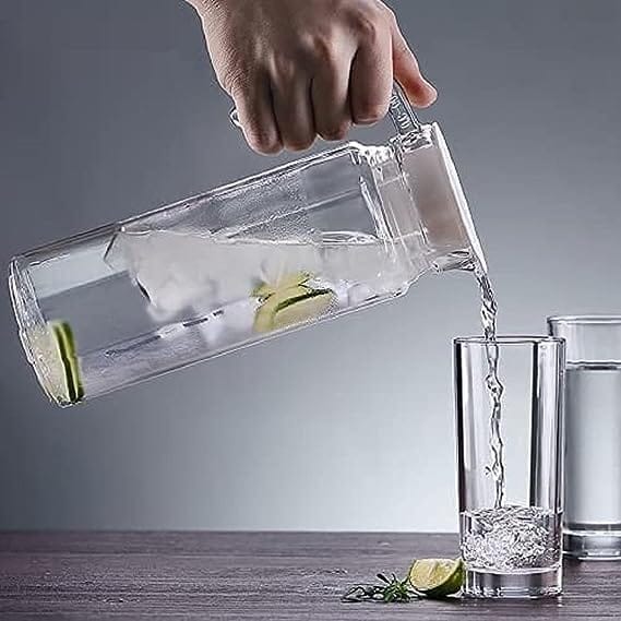 Italian Premium Glass Water Jug with Plastic Lid & Handle | 1.3 Littre |Transparent Carafe for Home, Office | Pitcher for Serve Water, Milk, Juice, Beverage, Chaas, Cocktail |