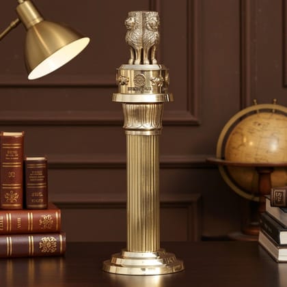 Brass Ashoka Pillar National Emblem � Home Decor & Elegant Table Showpiece, Height : 15 Inch (FMAS691 H)