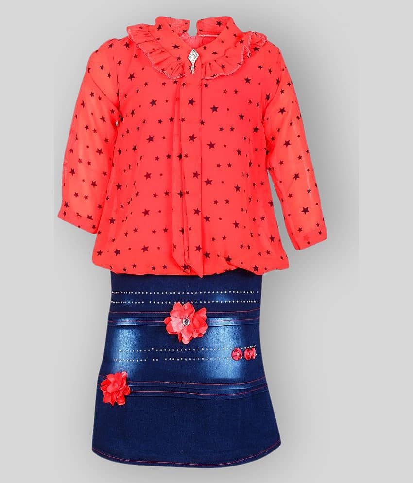 Arshia Fashions Denim A-line Dress For Girls ( Pack of 1 , Red )