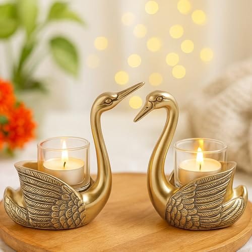 Gold Aluminium Swan Pair Candle Holder for Home Decor