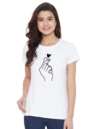 Women's Cotton Blend Hand Heart Line Art Printed T-Shirt M (White)