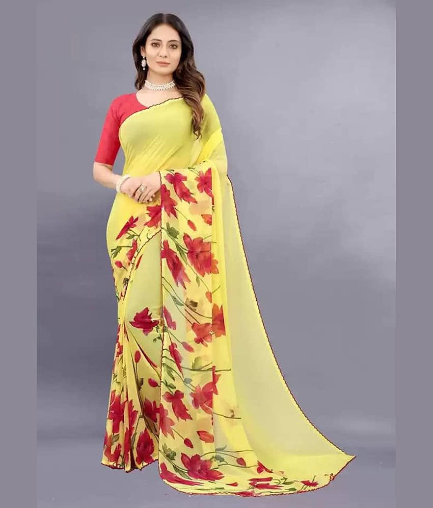 Sitanjali Lifestyle Georgette Printed Saree With Unstitched Blouse Piece ( Red )