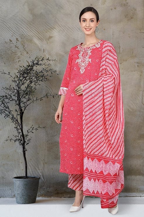 Pink Pure Cotton Bandhani Straight Suit Set VKSKD1636 - Kurtas & Kurta Sets | Buy online on ZillyBuy