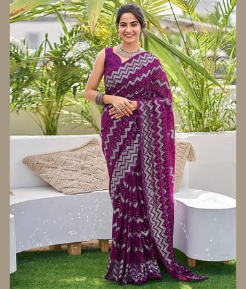 Samah Georgette Embellished Saree With Unstitched Blouse Piece ( Purple )