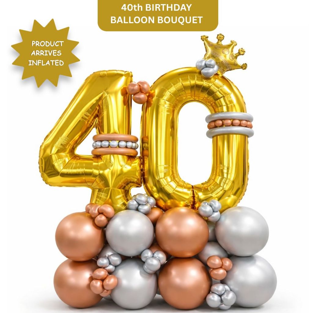 Signature Number 40 Large Golden Balloon Bouquet Arrangement with Small Crown & Silver, Rosegold Latex Balloons - Party and Festive Needs | Buy online on ZillyBuy