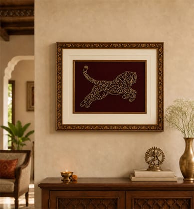 Handcrafted Zari Zardozi Velvet Leopard Wall Frame