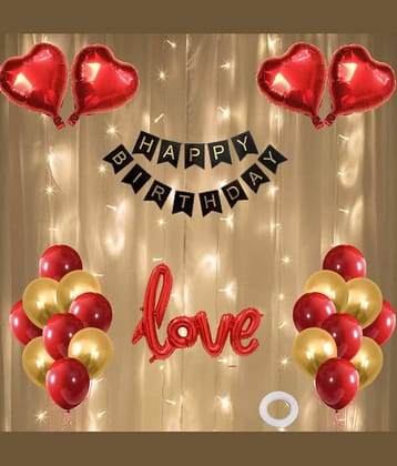 Happy Birthday Banner (Black) + 30 Metallic Balloon (Red,Gold) + Cursive Love Foil(Red) + 4 Dil(Red) + 1 Ribbon for happy birthday decoration item, birthday decoration kit, birthday balloon decoration combo for Boys, Girls, Kids, husband and Wife.