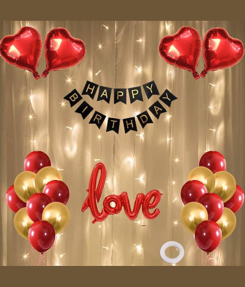 Happy Birthday Banner (Black) + 30 Metallic Balloon (Red,Gold) + Cursive Love Foil(Red) + 4 Dil(Red) + 1 Ribbon for happy birthday decoration item, birthday decoration kit, birthday balloon decoration combo for Boys, Girls, Kids, husband and Wife.