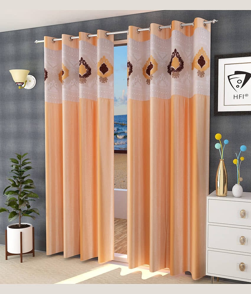 Homefab India Ethnic Semi-Transparent Eyelet Curtain 7 ft ( Pack of 2 ) - Beige