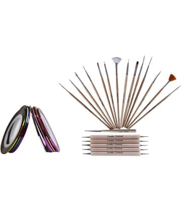 Looks United 15 Nail Art Brushes, 5 Dotting Tools, 11 Striping Tape Rolls (Pack Of 30)