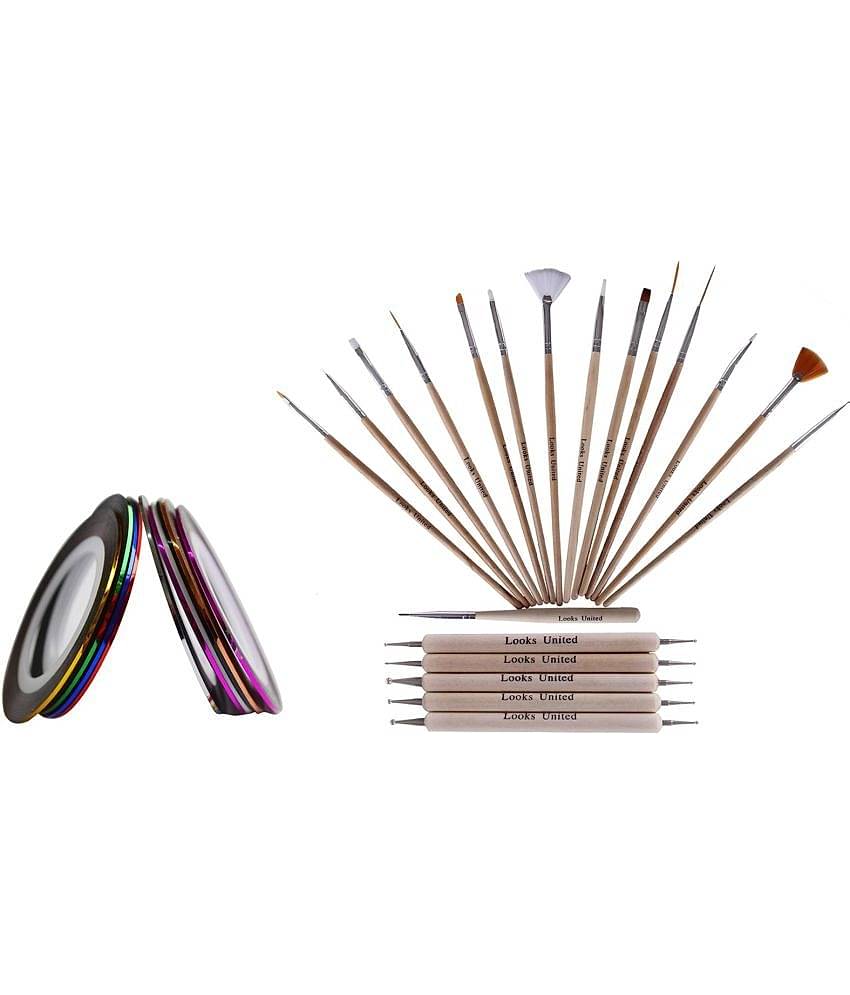 Looks United 15 Nail Art Brushes, 5 Dotting Tools, 11 Striping Tape Rolls (Pack Of 30)
