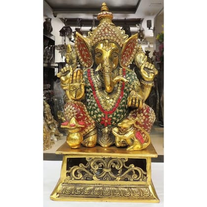 Aluminium Ganesh Idol with Chowki � Premium Home Decor, Height : Height : 18 Inch (ASMAS491 G)
