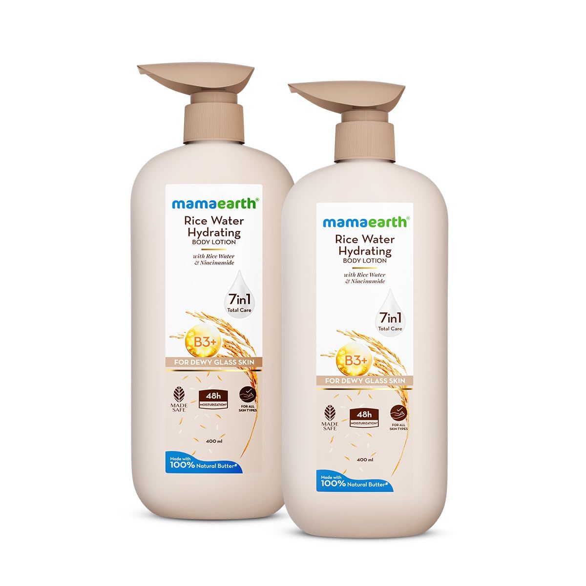 Mamaearth Rice Water Hydrating Body Lotion with Rice Water & Niacinamide for Dewy Glass Skin 400ml | 48H Moisturization | For Dry Skin | Nourishes Skin | 7in1 Total Care | 100% Natural Butter | NonGreasy Smooth Skin (Pack of 2) Mamaearth Rice Water Hydra