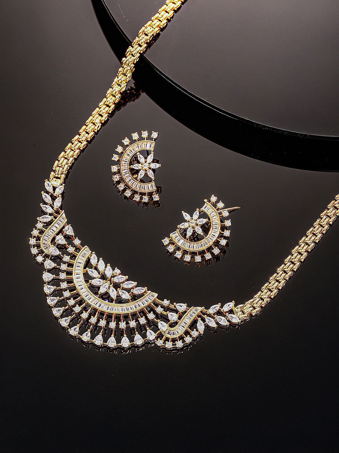Gold Toned White AD Zircon Studded  Long Haram Chain Necklace Jewellery Set