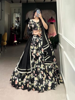 Tussar Silk Floral Print work Lehenga Choli Set-Free Size
