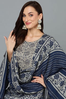 Cotton Blend Grey Straight Printed Kurta Pant With Blue Dupatta PKSKD1935 Cotton Blend Grey Straight Printed Kurta Pant With Blue Dupatta PKSKD1935
