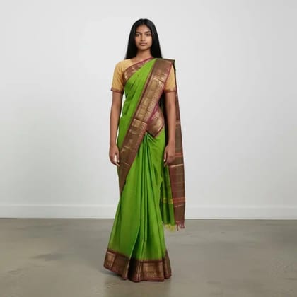 Kanchipuram Cotton Saree in Parrot Green with Maroon Zari Border