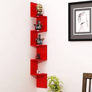 Onlinecraft Wooden Wall Rack Shelf Wooden Wall Shelf (Number Of Shelves - 5, Red)