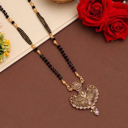 White Color Long Mangalsutra (MS308WHT)-Length: 5.50 CM x Width: 5.00 CM / White / Alloy With Good Quality Gold Plated