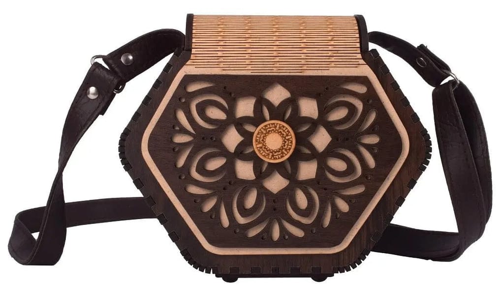 "Elegant Handcrafted Hexagonal Wooden Handbag with Floral Design - Perfect Rakhi Festival Gift"