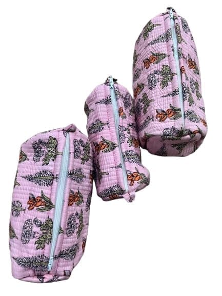 Pink Floral Print Cosmetic Bags Set of 3, Zippered Cotton Fabric Bags, 3 Pieces, Travel Organizer