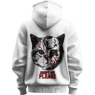 BULL CLOTHING Adopt Me, Please White Hoodie - Featuring a Bold Cat Design with Ultimate Softness and Comfort (L)