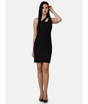 POPWINGS Women Polyester Solid Bodycon Dress ( Black )