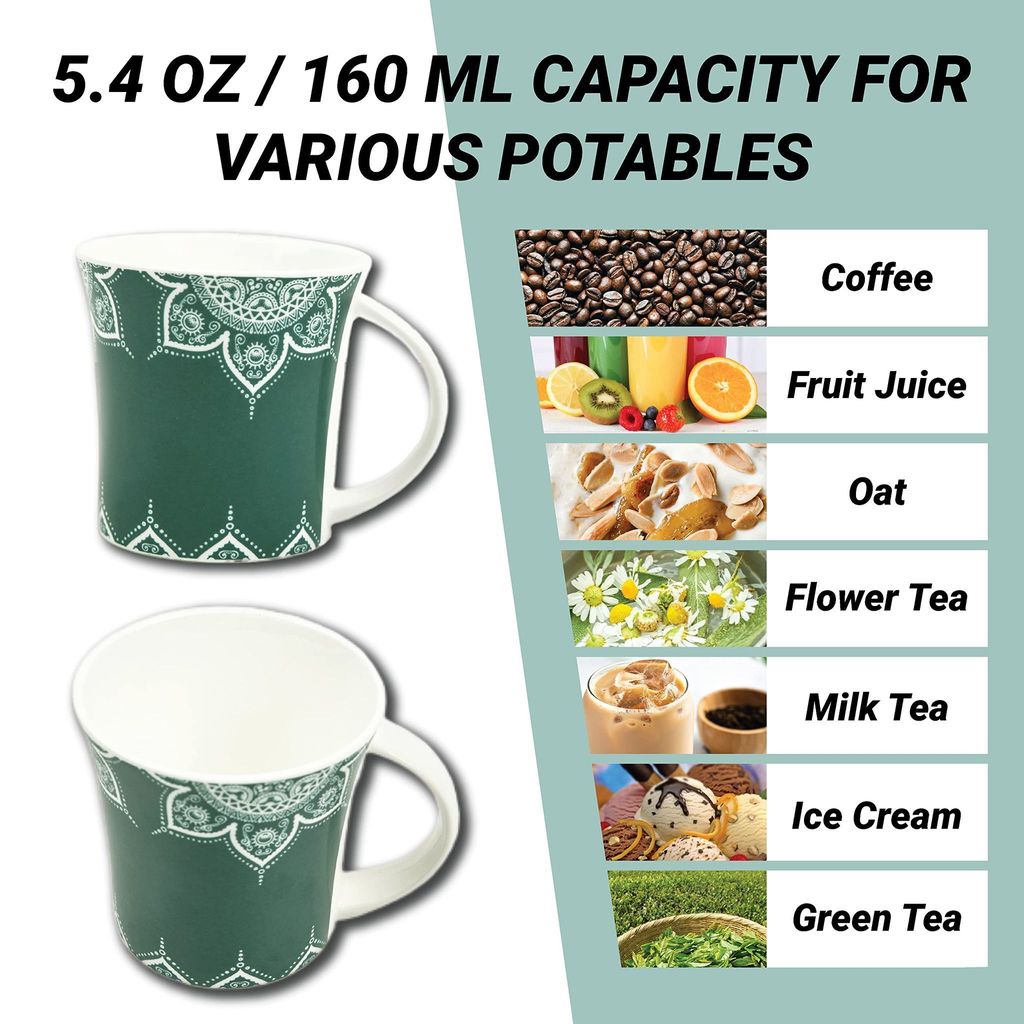Femora Turquoise Green Cosmic Mehendi Tea Cups, Ceramic Tea Cups, Coffee Mugs (160 ml) - 6 Pcs Set (Green)
