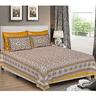 Elephant/Floral Print Cotton Double Bed Sheet 2 Pillow Covers - King Size Bedsheet (90x108 Inch), Yellow