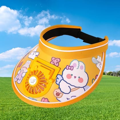 Stay Cool and Stylish with our Animal-Themed Summer Sun Visor Cap: Adjustable Strap and Built-in Fan-Yellow Rabbit