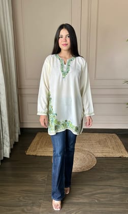 Green Aari Embroidered Off White Short Kurti-XL