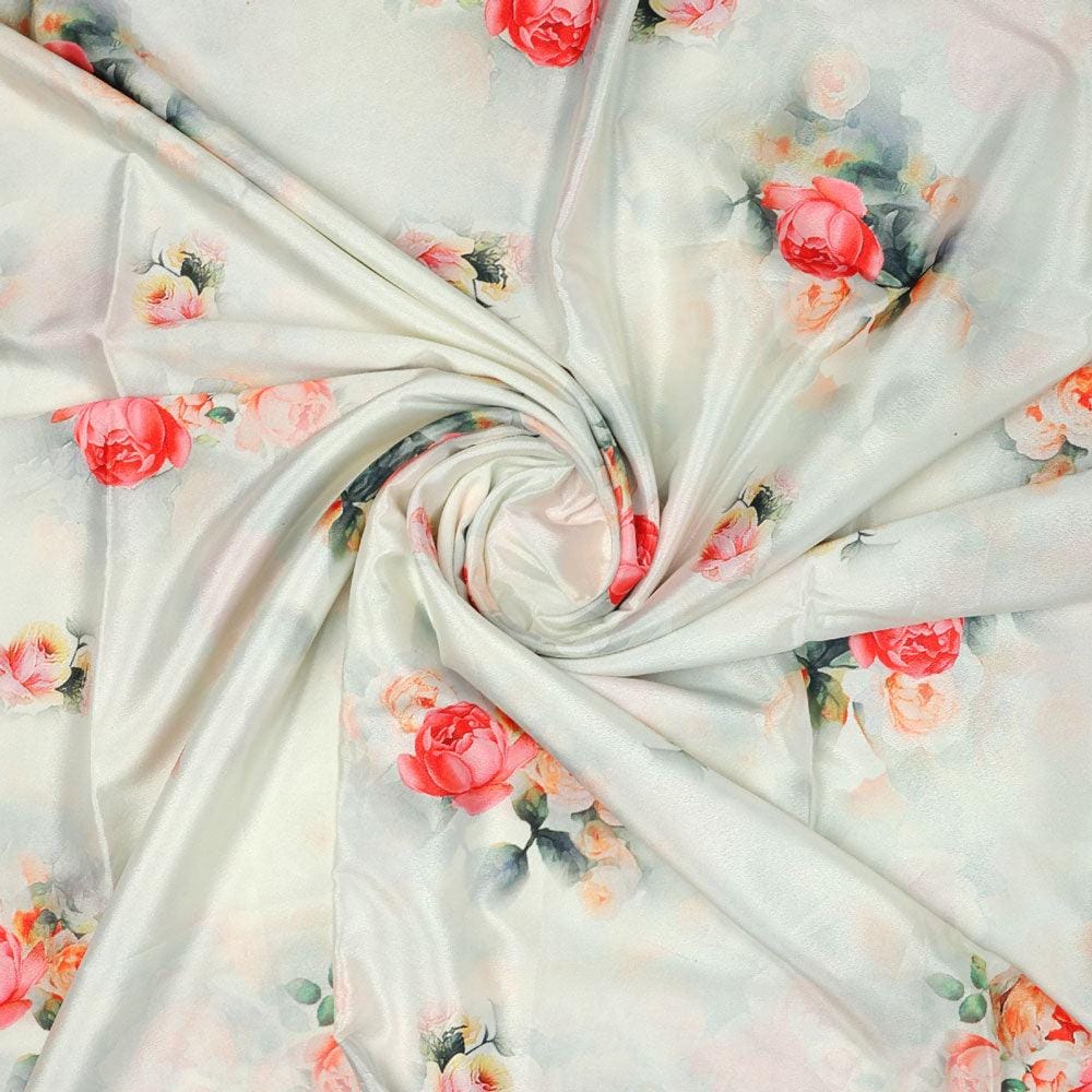 Red Floral Printed Silk Crepe Fabric Material