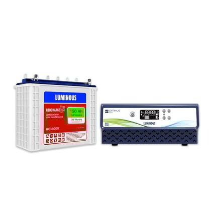 Luminous Inverter & Battery Combo for Home, Office & Shops (Optimus 1250 Sine Wave Inverter, RC 18000 150 Ah Tall Tubular Battery)