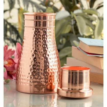 Pure Copper Bedroom Water Bottle with Inbuilt Glass-Shine / 600ml