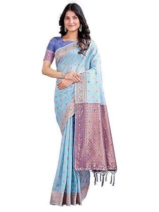 Astita Traditional Linen Cotton Saree, Zari Woven Border, Floral Motifs with Tassels