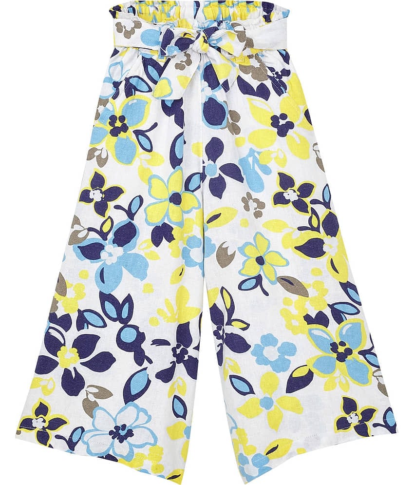 Cub McPaws Girls Floral Print Rayon White Palazzo|Fashion Bottom Wear|For 09-10Y Girls|GW23PLZR025Mul_09-10Y