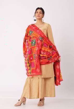 Alta red  allover embriodred phoolkari dupatta