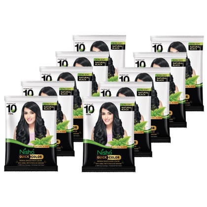 Nisha Quick Color 10 Minute Henna Based Hair Colour Natural Black Hair Dye 10g Pack of 10, No Ammonia 100% Grey Coverage