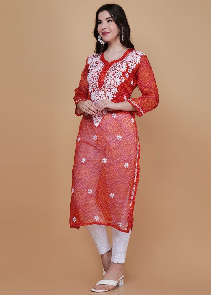 Traditional Kota Chikankari Straight Kurta - Red