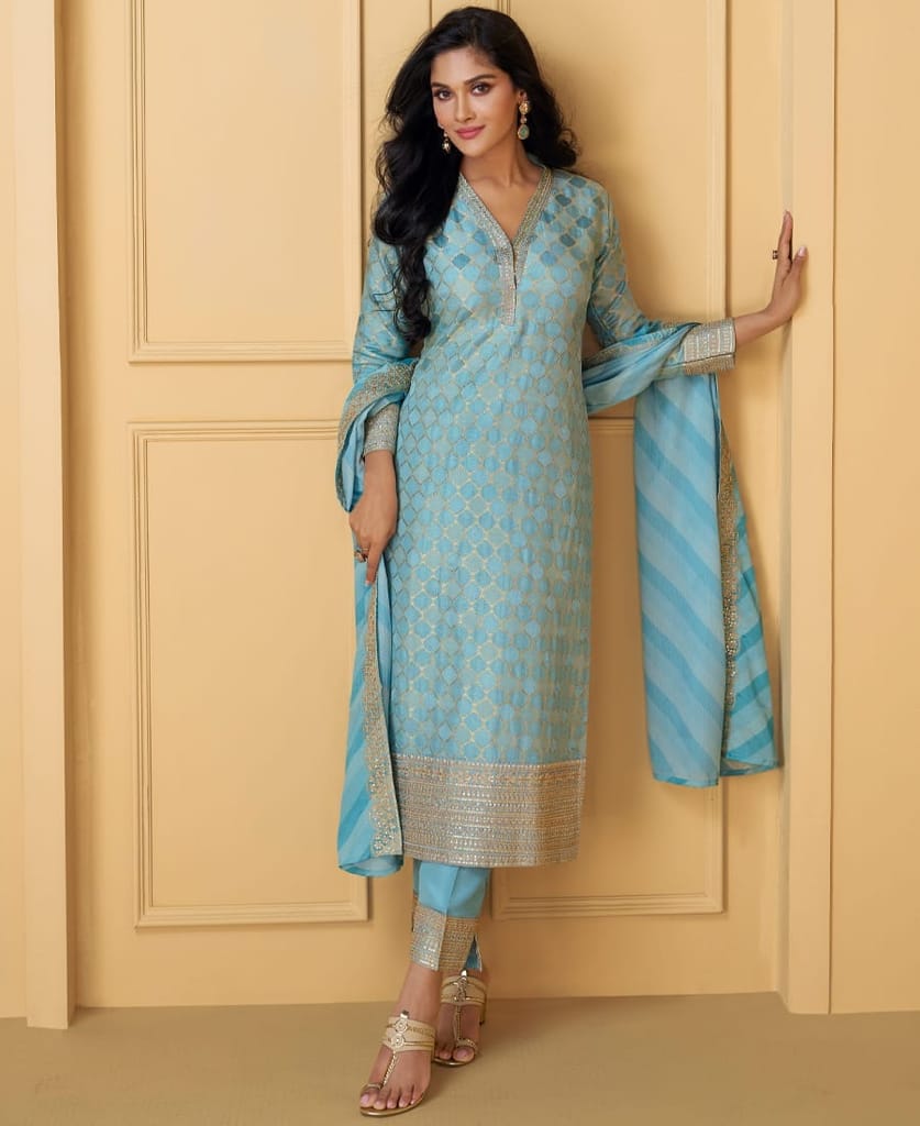Trending Festival Wear Straight Suit For Women Sky Blue
