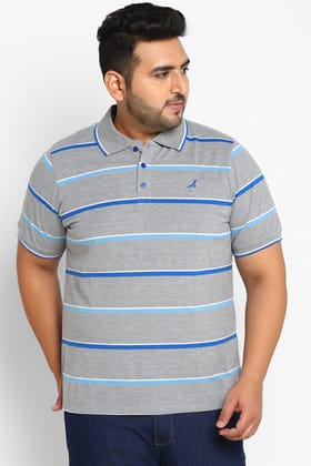 Men's Plus Size Polo Collar Yarn Dyed Striped T-Shirt - Grey / Blue-XXL / Grey Melange & Blue