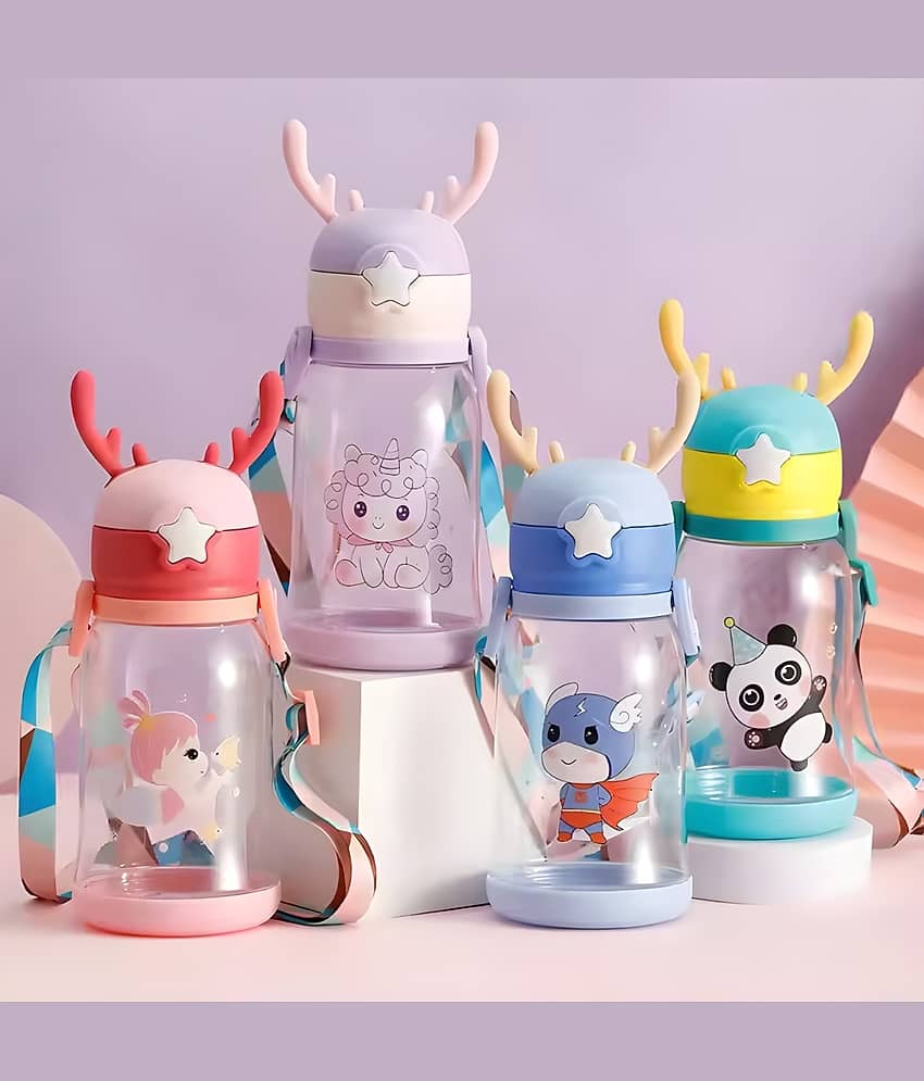 SARVASHVA TRENDS Cartoon Water Bottle with Straw Multicolour Plastic School Water Bottle 600 mL ( Set of 1 )