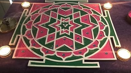 The Brown Box-Island Rangoli-Shree Yantra Diya Design Template, Rangoli Making kit with Colors and Glitter, Reusable, Portable, Floating, Readymade, Easy Rangoli Stencils, Diwali Decor.