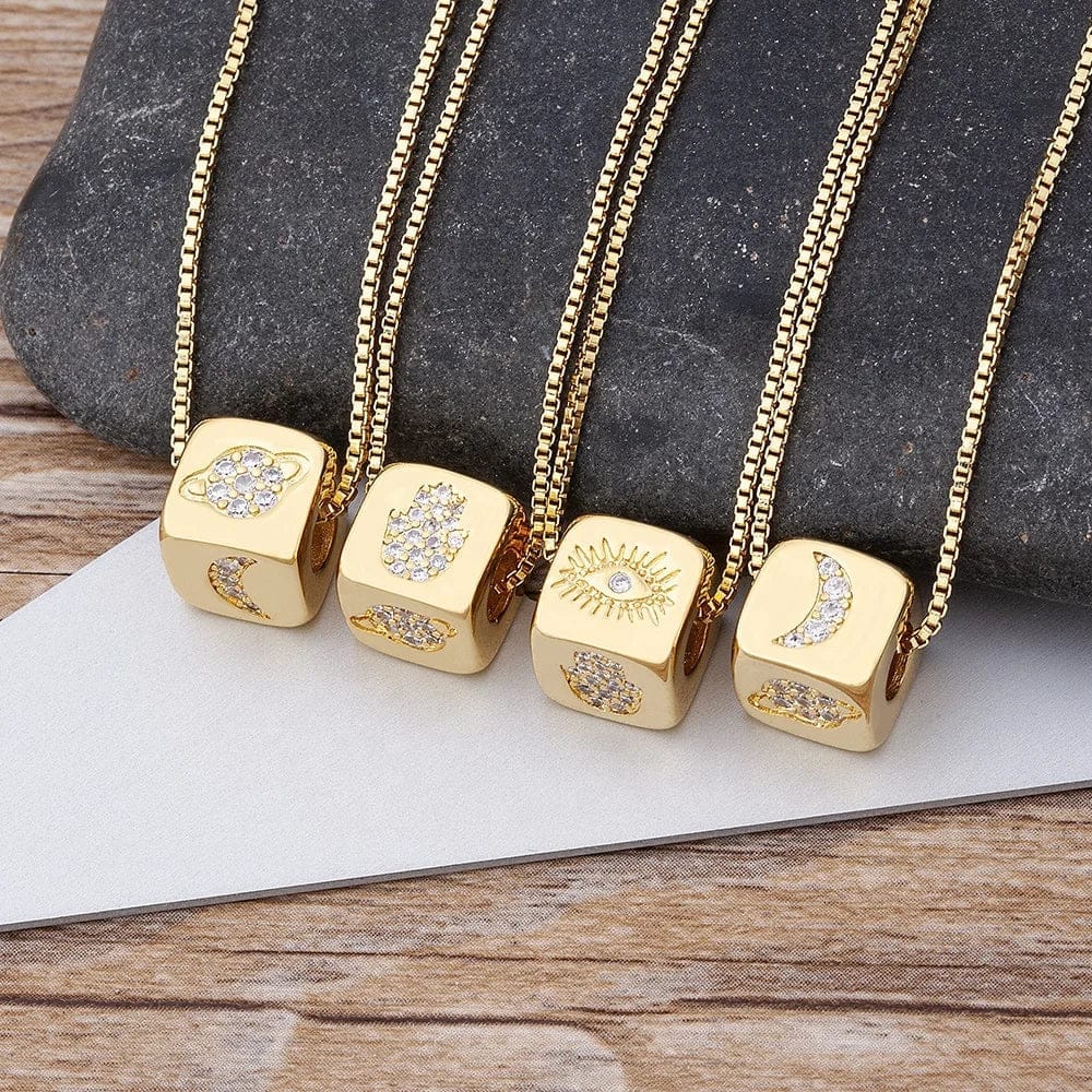 New Punk Cube Pendant Necklace for Women Jewelry Copper Crystal Turkish Evil Eye Moon Fashion Charm Neck Chain Accessories