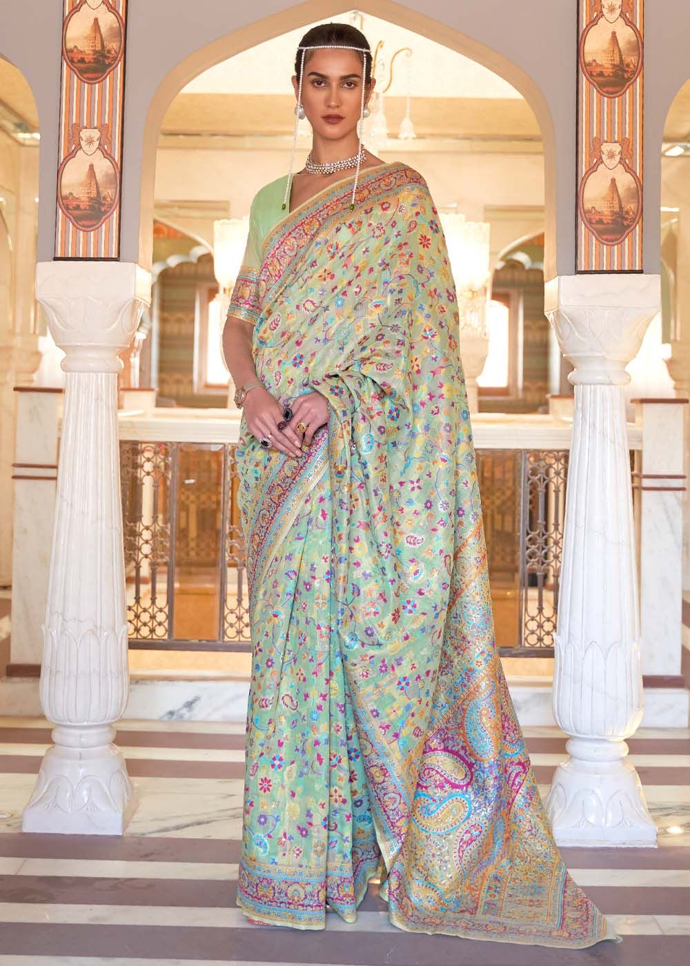 Pistachio Green Woven Banarasi Jamewar Saree