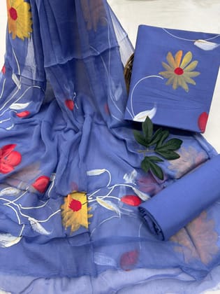 Hand Painted Cotton Suit With Chiffon Dupatta