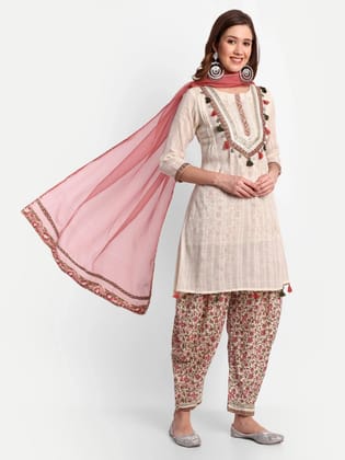 Floral Printed Yoke Design Work Pure Cotton Kurti With Dhoti Pant &amp; Dupatta-XL